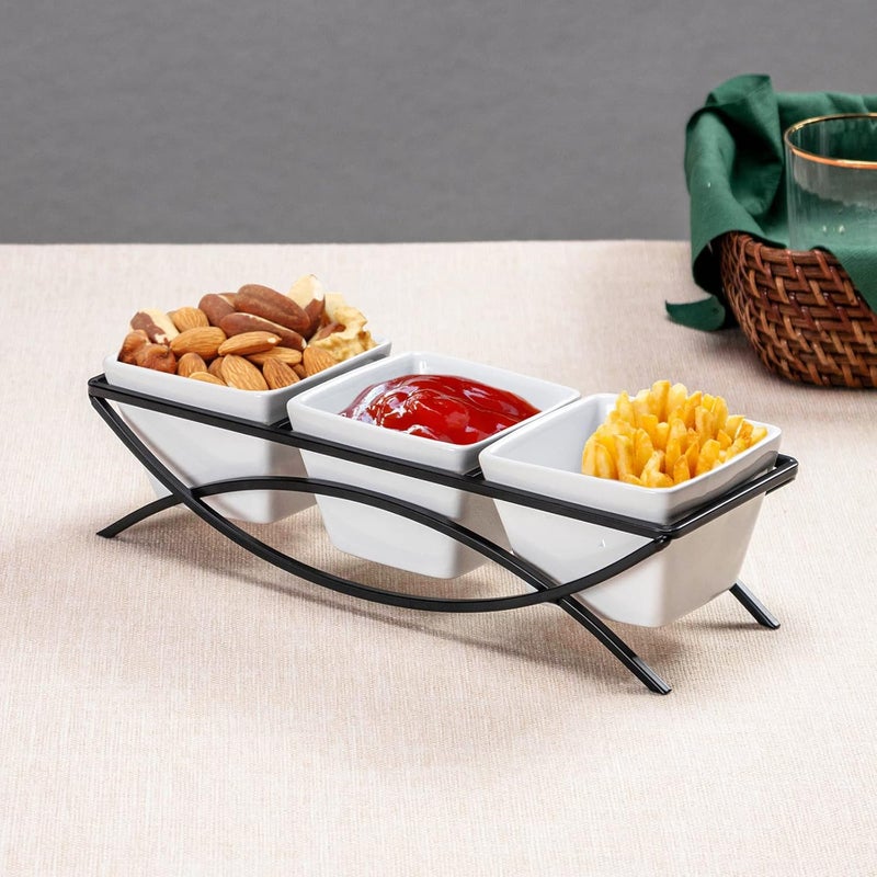 UNICASA Square Ramekin Bowls 10 oz, Condiment Serving Tray with Metal Rack Stand - Chips and Dips Snack Tray for Party - White Side Dish for Appetizer, Fruit, Nuts, Ice Cream, Candy - Image 3